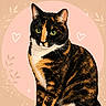 cat, tortoiseshell_cat, animal, pet, portrait, close_up, green_eyes, whiskers, ears, fur, black_fur, orange_fur, white_chest, sitting, illustration, digital_art, pastel_background, hearts, sparkles, decorative_leaves