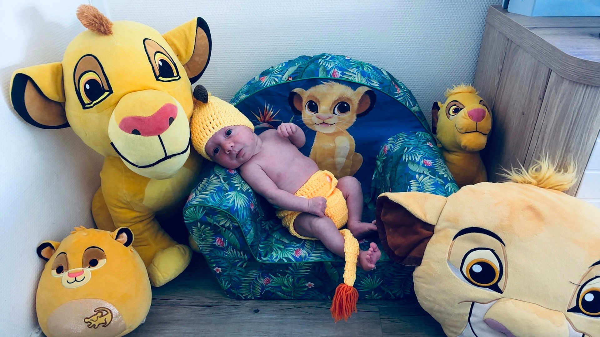Kayden participe au concours pour gagner de l'argent avec cette photo : baby, plush_toy, lion_king, stuffed_animal, child, knitted_hat, knitted_diaper_cover, armchair, floor, wood_flooring, toy, yellow, blue, pattern, indoor, cute, infant, smiling_toy, decor, relaxing