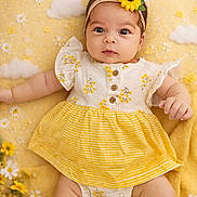 Kiara is registered to the contest to win money with this photo: baby, infant, cute, yellow, headband, flower, dress, blanket, portrait, big_eyes, smiling, hand, leg, shoe, daisy, clouds, patterned_background, studio_style, lying_down, soft_texture