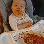 Oliver joined the competition — help win amazing prizes! child, toddler, highchair, messy_face, tomato_sauce, ravioli, plate, tray, eating, mealtime, bib, food_mess, indoor, living_room, couch, toy, hand, portrait, baby_bib, smile
