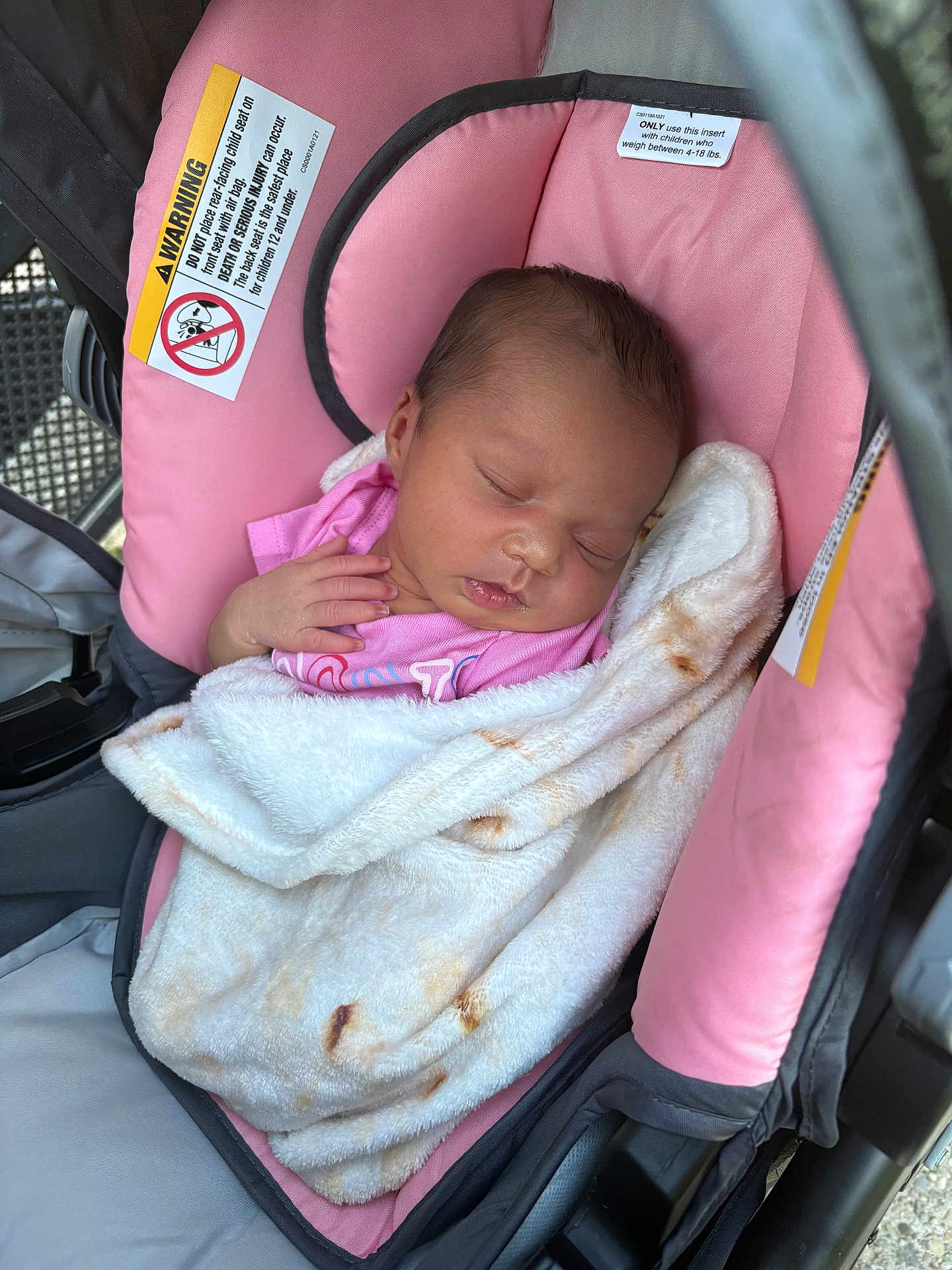 Halo is registered to the contest to win money with this photo: baby, blanket, car_seat, child, cozy, cute, face, infant, newborn, peaceful, pink, portrait, resting, safety_label, seat, sleeping, soft, toddler, transport, wrapped