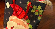 Nala is registered to the contest to win money with this photo: cat, kitten, gift_bag, christmas, holiday, indoor, wooden_floor, santa_claus, holly, red_handle, tabby, pet, curious, playful, animal, feline, decor, bed, blanket, cozy