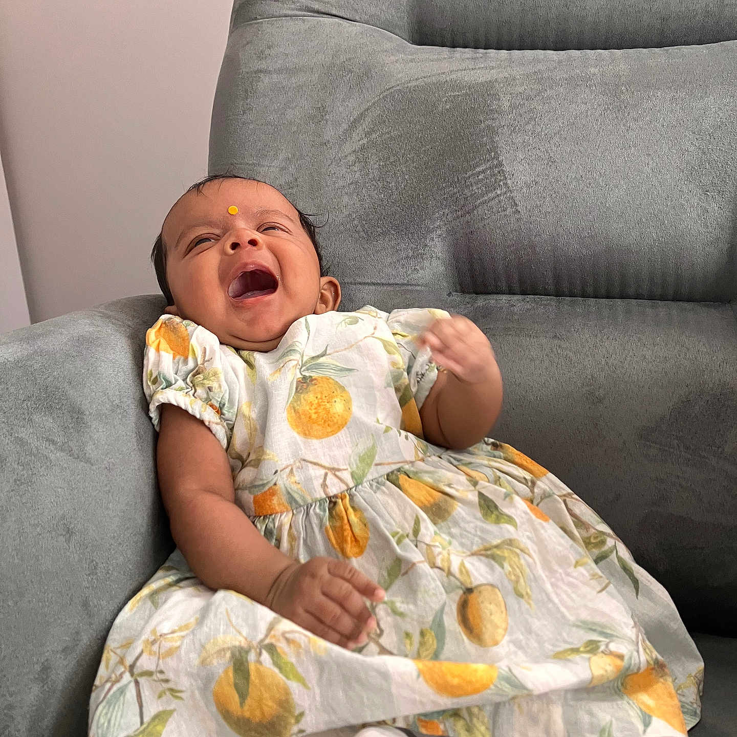 Sanaiya joined the competition — help win amazing prizes! baby, babylaughing, clothing, face, happy, head, hosiery, person, sock, yawning