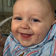 Grayson joined the competition — help win amazing prizes! baby, smiling, face, blue_eyes, striped_shirt, infant, happy, close_up, child, cute, cheeks, mouth_open, skin, person, portrait, young_child, apparel, clothing, indoors, head