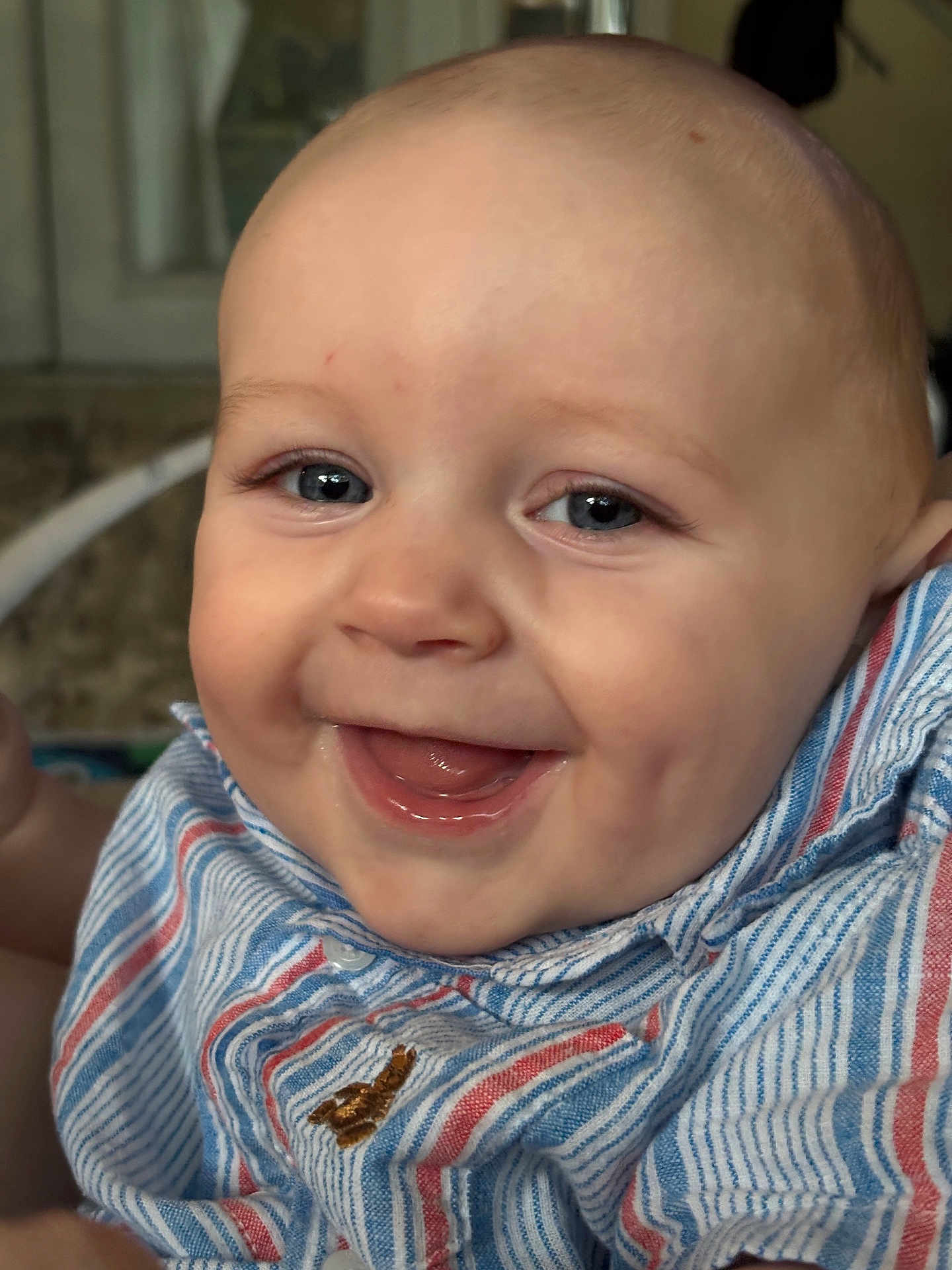 Grayson joined the competition — help win amazing prizes! baby, smiling, face, blue_eyes, striped_shirt, infant, happy, close_up, child, cute, cheeks, mouth_open, skin, person, portrait, young_child, apparel, clothing, indoors, head