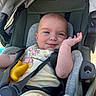 Kailani joined the competition — help win amazing prizes! baby, infant, child, stroller, smiling, happy, portrait, outdoor, seated, harness, carriage, clothing, onesie, toy, yellow_toy, face, hand, waving, vehicle, sunlight