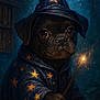animal, cloak, costume, cute, dark, dog, enchanted, fantasy, forest, glowing, hat, magic, magic_wand, mystical, night, portrait, puppy, spellcaster, stars, wizard