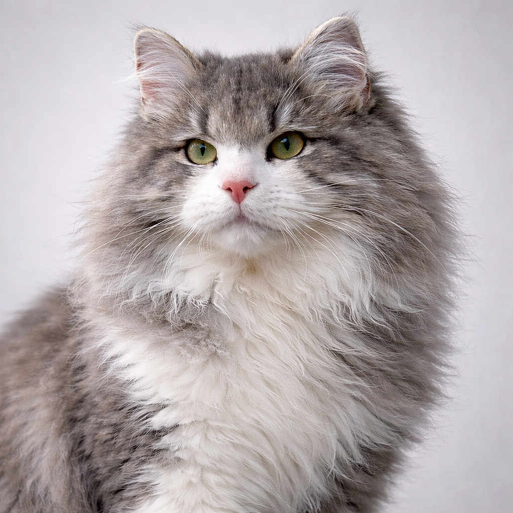 Veresk participe au concours pour gagner de l'argent avec cette photo : animal, calm, cat, closeup, cute, domestic_cat, ears, feline, fluffy, fur, gray, green_eyes, isolated, majestic, pet, portrait, soft, studio, whiskers, white