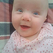 Hunter is registered to the contest to win money with this photo: baby, smiling, closeup, blue_eyes, pink_clothing, hearts_pattern, infant, face, cute, happy, blanket, checkered, portrait, child, skin, head, expression, young, person, indoors