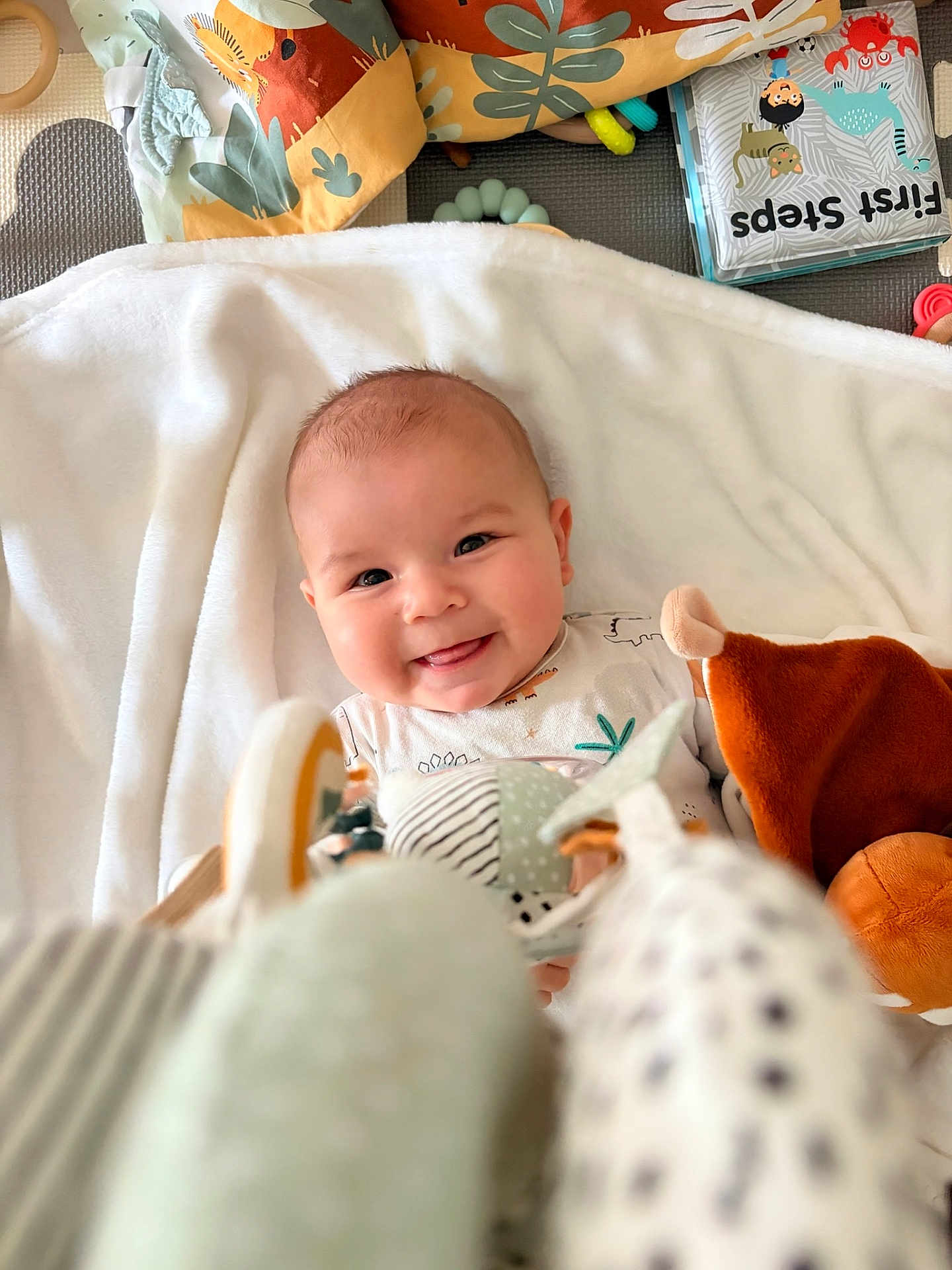 Louis participe au concours pour gagner de l'argent avec cette photo : baby, smiling, blanket, toy, soft_toy, book, child, infant, cute, happy, indoors, playtime, colorful, face, portrait, lying_down, soft, comfort, young, expression