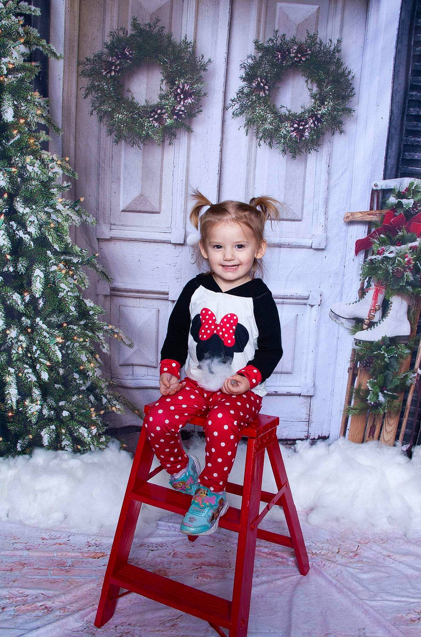 Harlow joined the competition — help win amazing prizes! baby_toddler_clothing, carmine, chair, christmas_tree, curtain, event, fashion_design, happy, holiday, joy, pattern, person, red, sitting, smile, snow, stool, toddler, tree, white