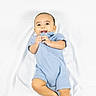 Asaiah joined the competition — help win amazing prizes! baby, infant, child, portrait, lying_down, bed, white_bedding, blue_outfit, romper, smiling, happy, tongue_out, hands, feet, indoor, close_up, adorable, looking_at_camera, soft_lighting, family_photo