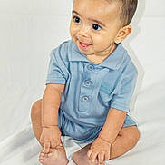 Asaiah is registered to the contest to win money with this photo: baby, child, infant, smiling, happy, portrait, sitting, blue_outfit, collared_shirt, barefoot, toes, hands, short_hair, face, indoor, white_background, blanket, studio_photo, adorable, photography