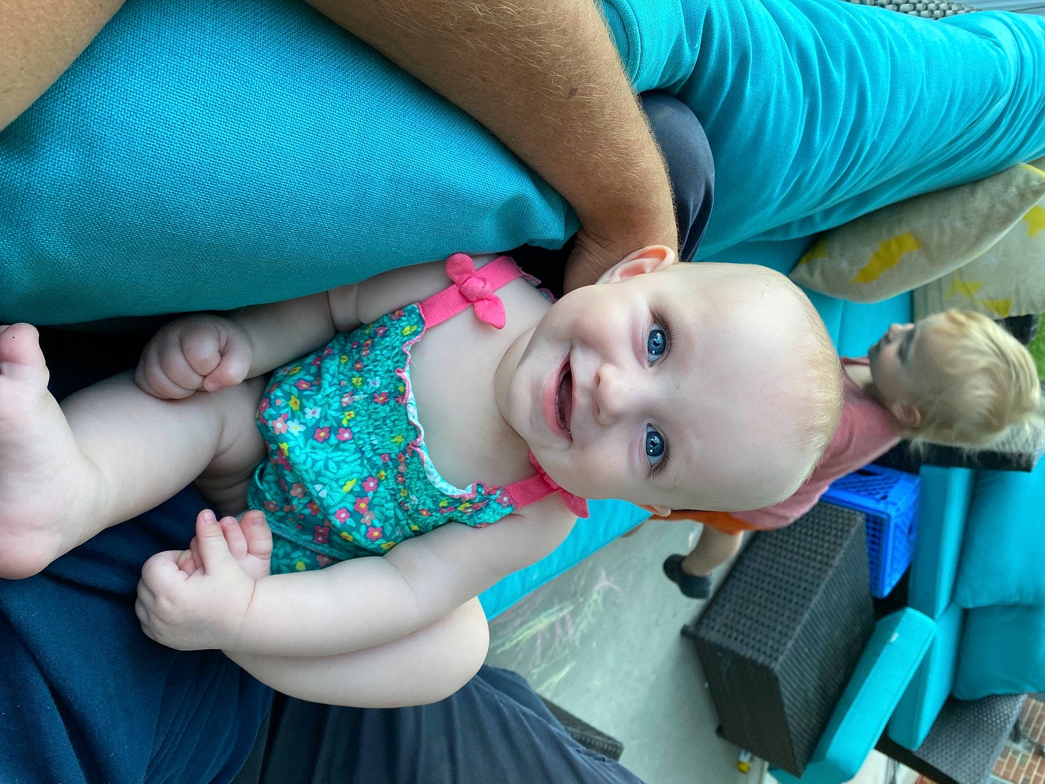 Mia joined the competition — help win amazing prizes! arm, baby, baby_toddler_clothing, blue, cheek, clothing, eye, finger, green, hand, happy, human_body, joint, joy, mouth, person, skin, smile, toddler, trunk