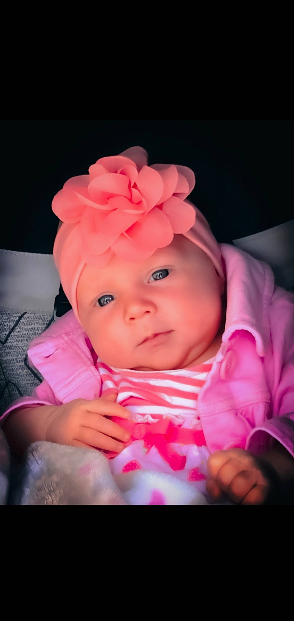Emma joined the competition — help win amazing prizes! baby, baby_toddler_clothing, cap, cheek, comfort, eye, eyebrow, finger, flash_photography, gesture, happy, headgear, headwear, lip, magenta, mouth, nose, person, pink, purple