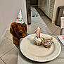 dog, golden_retriever, birthday_hat, cupcake, birthday_candle, birthday, kitchen, table, plate, tile_floor, dog_biscuit, celebration, pet, indoor, food, party, colorful, happy, festive, waiting