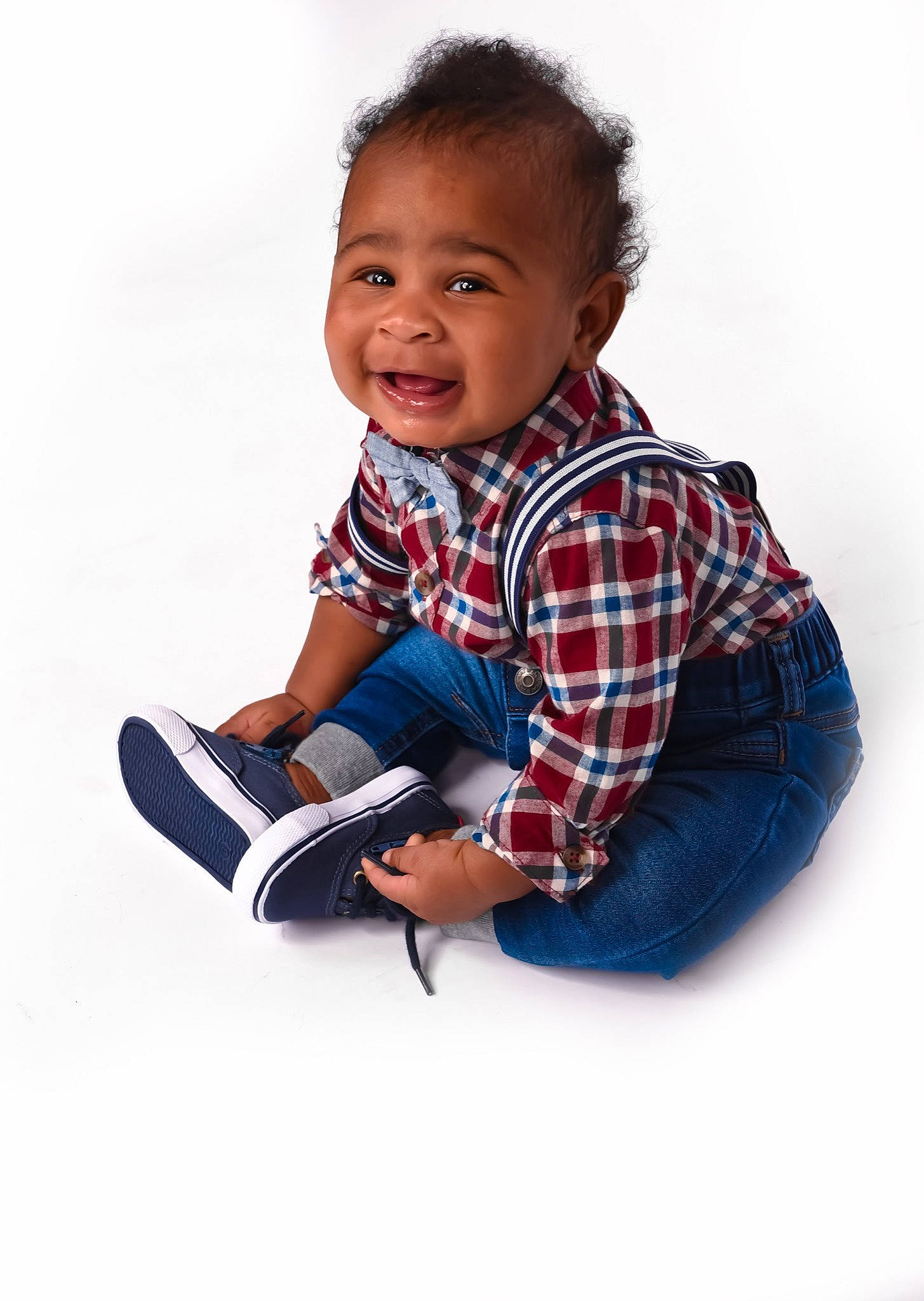 Kyrin joined the competition — help win amazing prizes! baby, child, child_model, design, footwear, pattern, person, photography, plaid, play, product, shoe, sitting, sleeve, smile, toddler, white