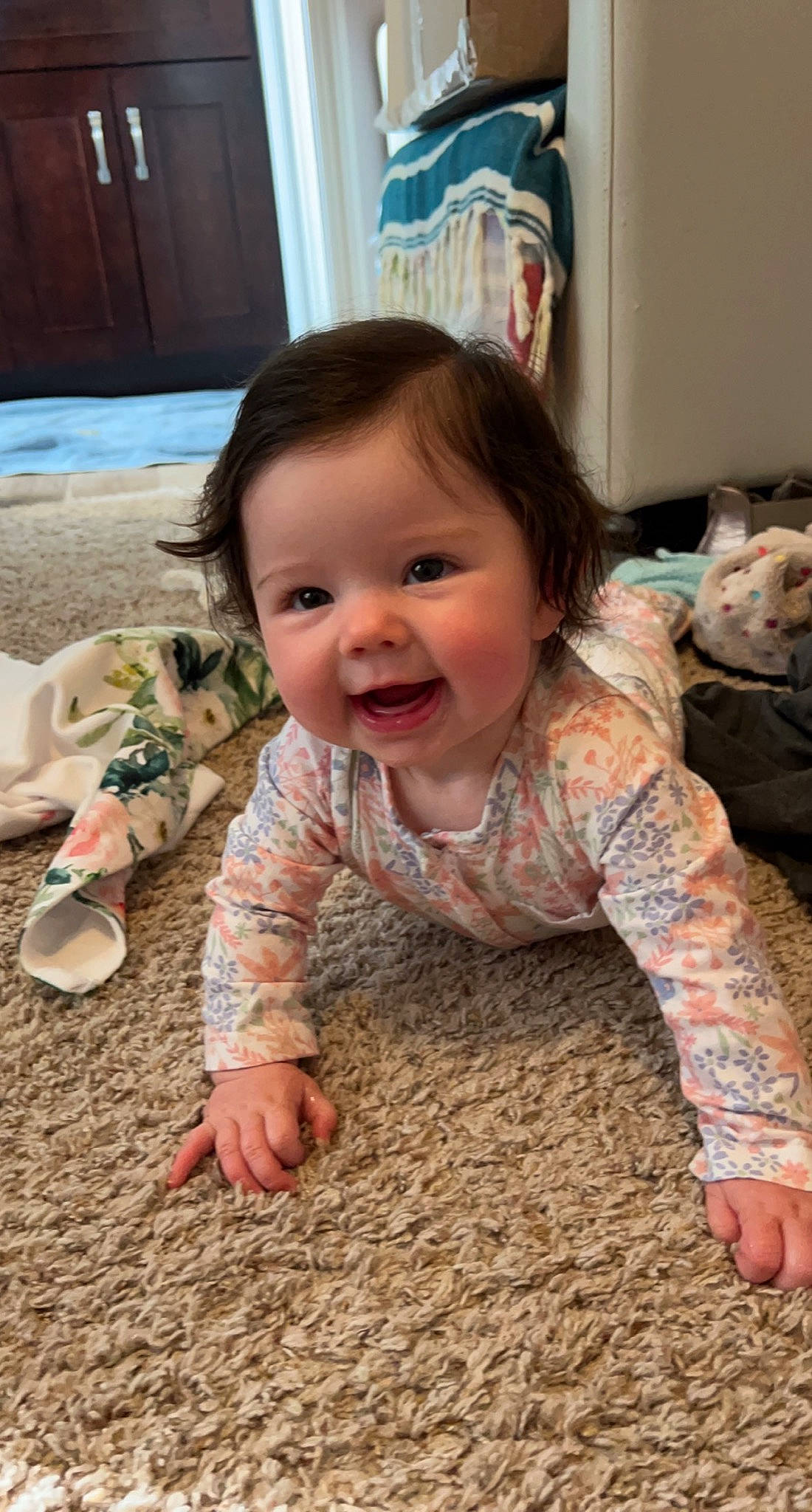 Kassidy joined the competition — help win amazing prizes! baby, baby_toddler_clothing, cheek, child, comfort, crawling, finger, floor, flooring, fun, happy, hardwood, head, nose, person, room, skin, sleeve, smile, toddler