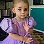 child, girl, princess, tiara, lavender_dress, puffy_sleeves, sequins, tulle_skirt, indoor, kitchen, appliances, microwave, toaster, cup, earrings, floor_tiles, decor, portrait, cute, waving_hand