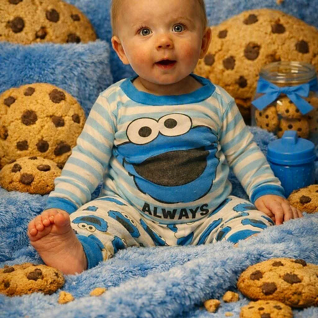 Memphis is registered to the contest to win money with this photo: baby, child, cookie_monster, pajamas, blue, plush, cookies, blanket, jar, toy, smile, cute, indoor, portrait, sitting, infant, face, foot, happy, cozy