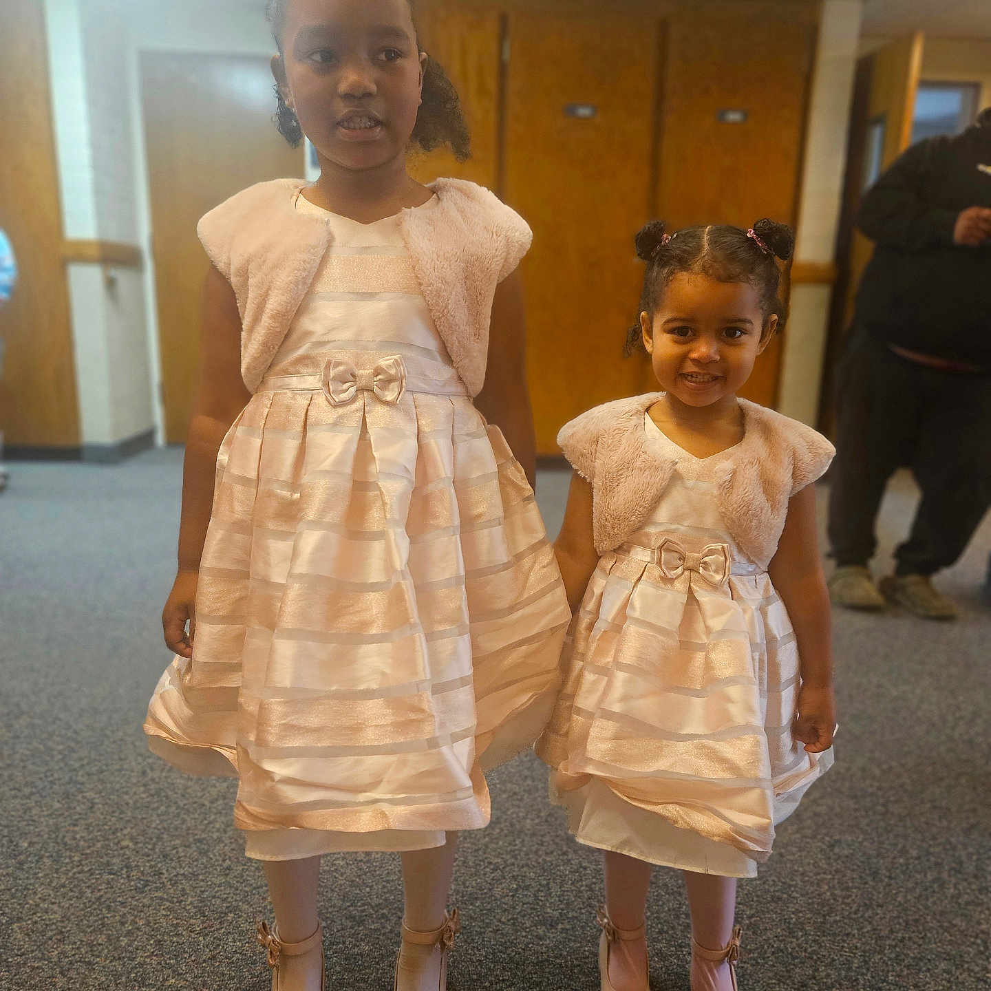 Tiani joined the competition — help win amazing prizes! carpet, child, children, cute, dresses, event, footwear, fur_bolero, girls, hair_buns, happy, heels, indoor, matching_outfits, people, pink, portrait, siblings, smiling, standing