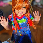 Tiani is registered to the contest to win money with this photo: blurry_background, child, colorful_clothing, expression, feet, hands_up, home, indoor, orange_hair, overalls, person, pigtails, playful, portrait, red_ribbons, smiling, striped_shirt, wig, wooden_floor, young_child