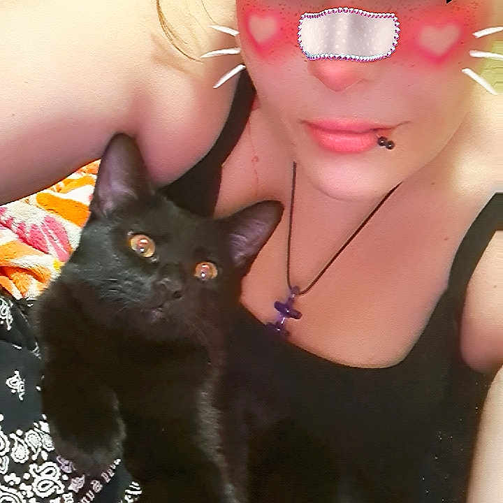 Sheik Moon is registered to the contest to win money with this photo: black_cat, blanket, casual_clothing, cat, close_up, cuddle, cute, expression, eyes, face_filter, heart, indoor, lip_piercing, necklace, pattern, person, pet, portrait, selfie, whiskers