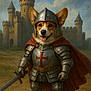 corgi, dog, knight, armor, sword, castle, medieval, cape, historic, outdoor, sky, clouds, grass, portrait, animal, costume, fantasy, smiling, standing, heroic