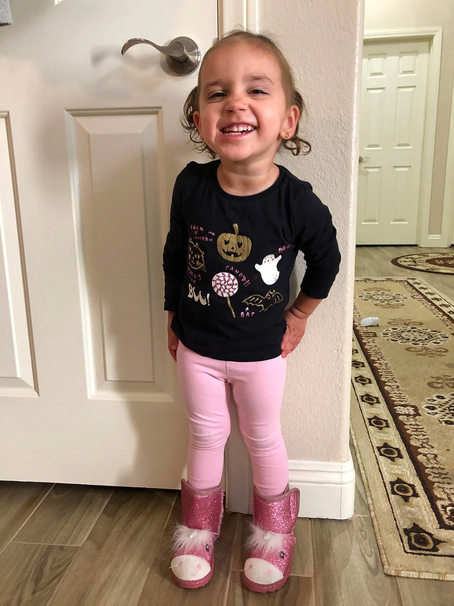 Kalilah joined the competition — help win amazing prizes! baby_toddler_clothing, child, clothing, floor, flooring, footwear, happy, joy, leg, leggings, outerwear, person, pink, product, shoe, shoulder, skin, sleeve, smile, standing
