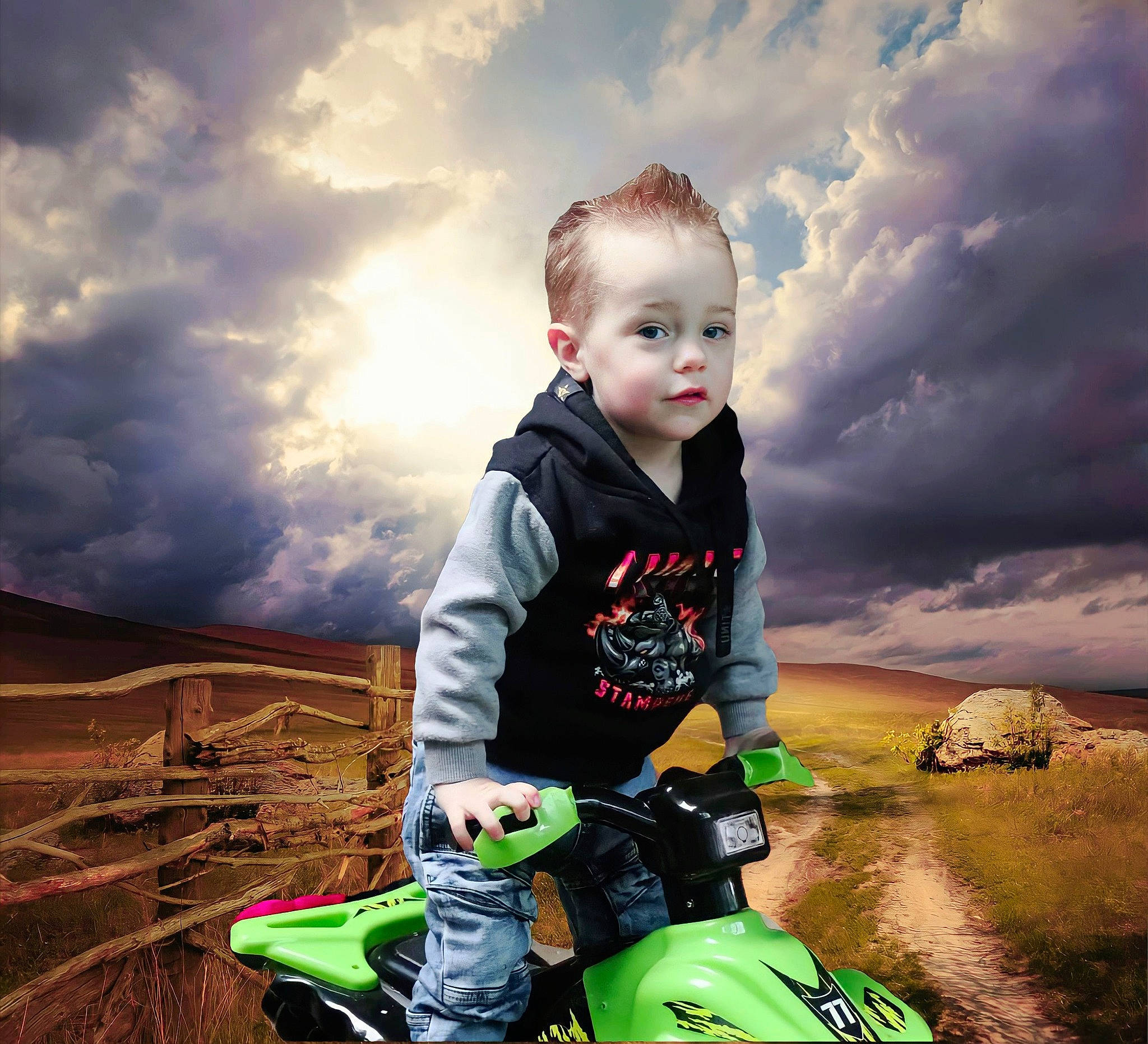 Aidan is registered to the contest to win money with this photo: bicycle_clothing, bicycle_handlebar, bicycles_equipment_and_supplies, cloud, flash_photography, grass, grassland, happy, helmet, horizon, landscape, people_in_nature, person, personal_protective_equipment, racing, sky, sports_equipment, sunlight, t_shirt, toddler