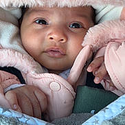 Nourhane participe au concours pour gagner de l'argent avec cette photo : adorable, baby, blanket, bundle, child, closeup, clothing, cozy, cute, eyes, face, fluffy, hands, hood, infant, newborn, pink_jacket, portrait, soft, warm