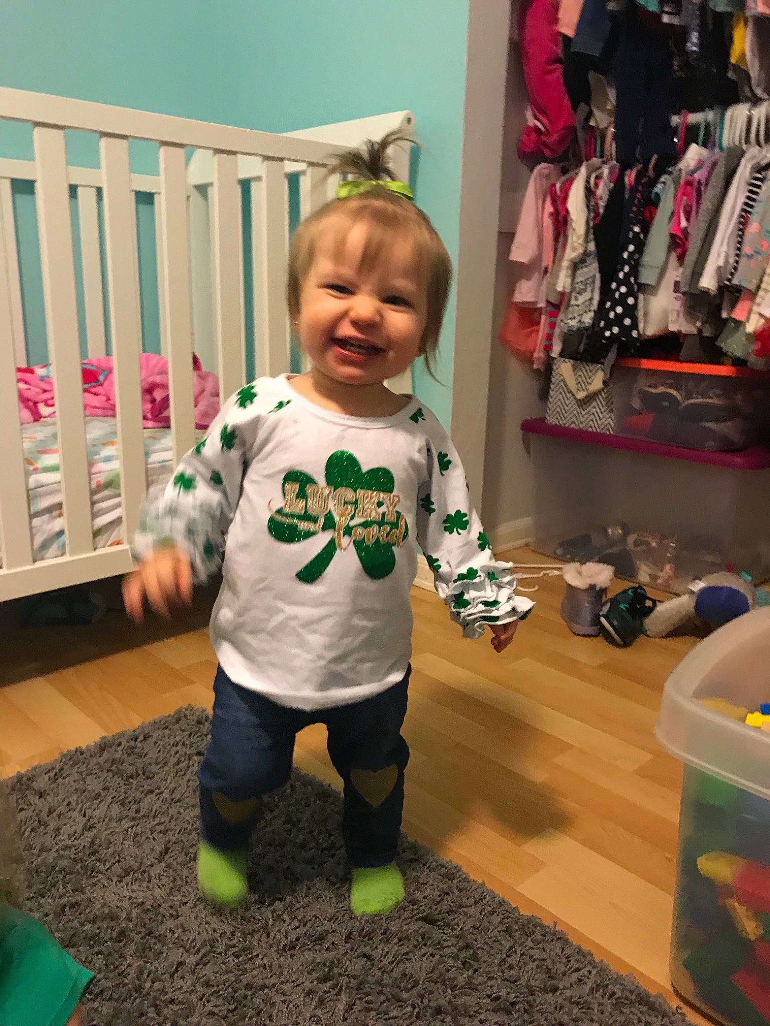 Amelia joined the competition — help win amazing prizes! baby, child, joy, person, play, product, room, shoe, smile, sportswear, standing, t_shirt, toddler