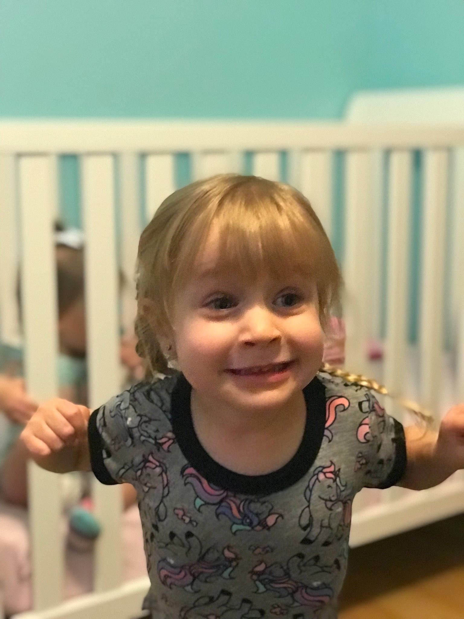 Evalina is registered to the contest to win money with this photo: arm, baby, cheek, child, ear, facial_expression, hair, happy, joy, laugh, person, play, product, shoulder, skin, smile, standing, toddler, tooth