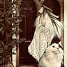Buddy is registered to the contest to win money with this photo: cat, fluffy_cat, white_cat, black_and_white_cat, stocking, knitted_stocking, feathers, potted_tree, evergreen_tree, rustic, wooden_background, arched_window, decor, holiday_decor, festive, floor, carpet, pet, indoor, cute