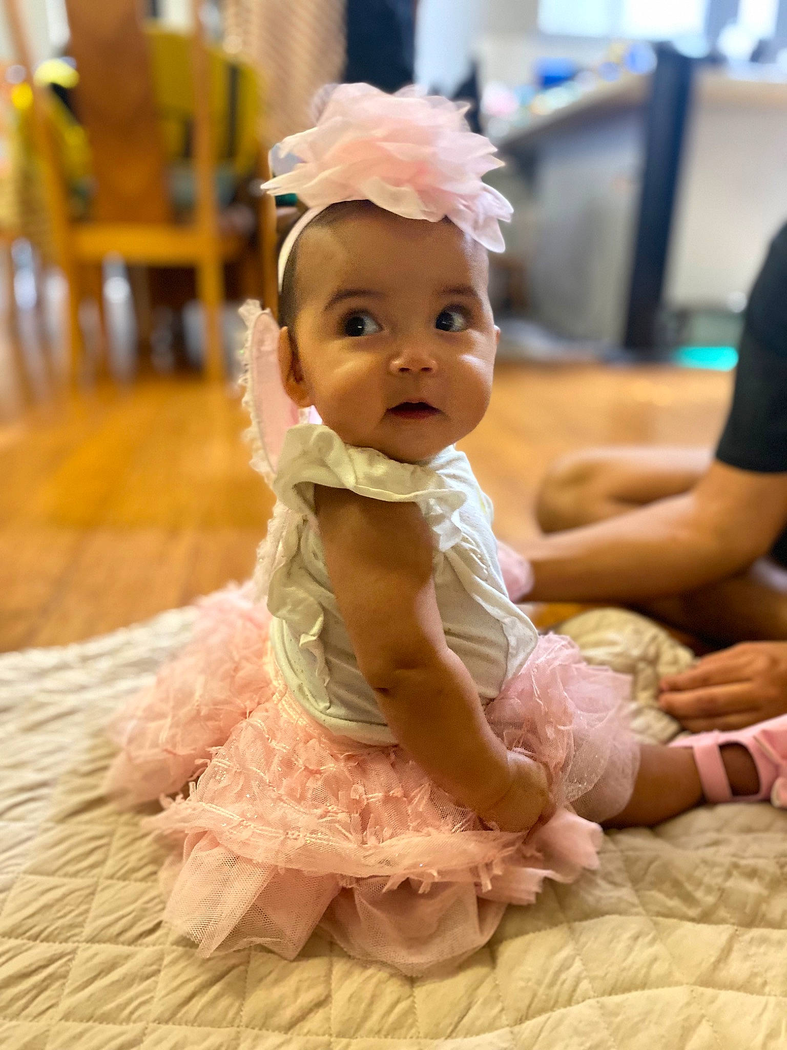 Gabriella joined the competition — help win amazing prizes! baby, baby_toddler_clothing, chair, cheek, child, dress, embellishment, event, fashion_accessory, flooring, happy, headband, headpiece, headwear, iris, person, pink, ruffle, sitting, skin