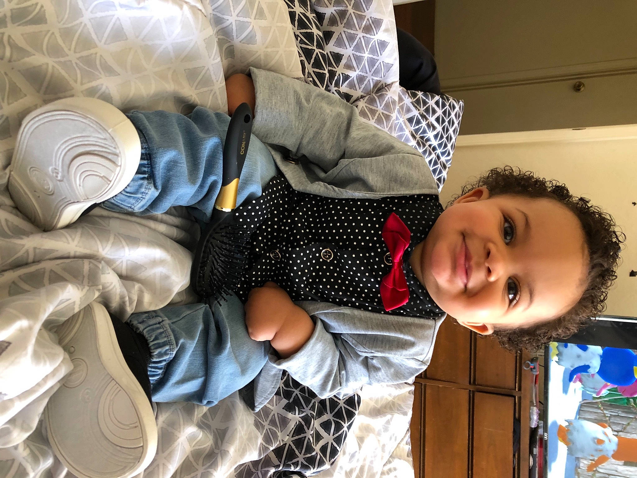 Zamari joined the competition — help win amazing prizes! beauty, child, comfort, dress_shirt, happy, head, joy, pattern, person, room, smile, textile, toddler