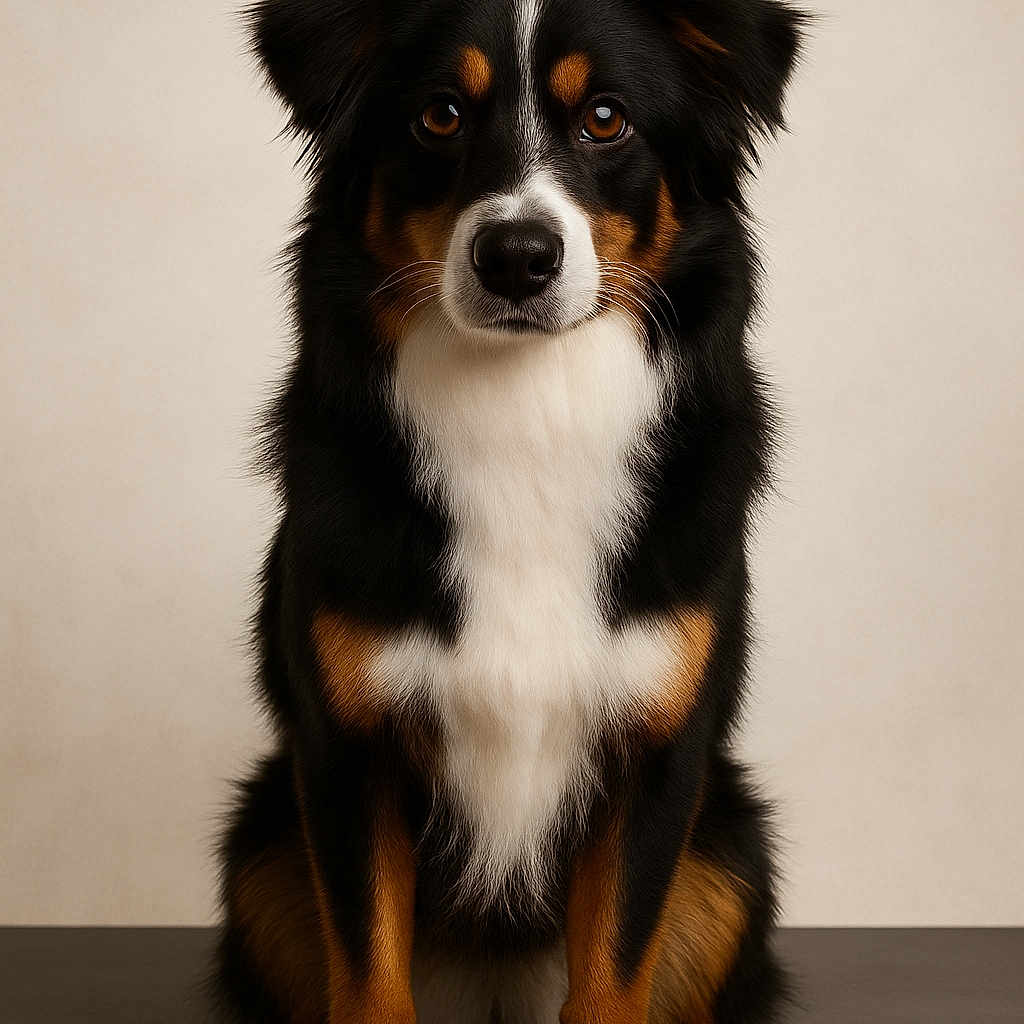 Volta participe au concours pour gagner de l'argent avec cette photo : alert, animal, black_fur, brown_eyes, canine, cute, dog, ears, expression, front_view, fur, indoor, paws, pet, portrait, sitting, studio, tan_fur, tricolor, white_fur