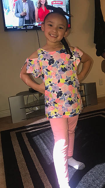 Delanie is registered to the contest to win money with this photo: child, clothing, costume, joint, joy, knee, leg, leggings, person, shoulder, smile, t_shirt, thigh, tights, toddler