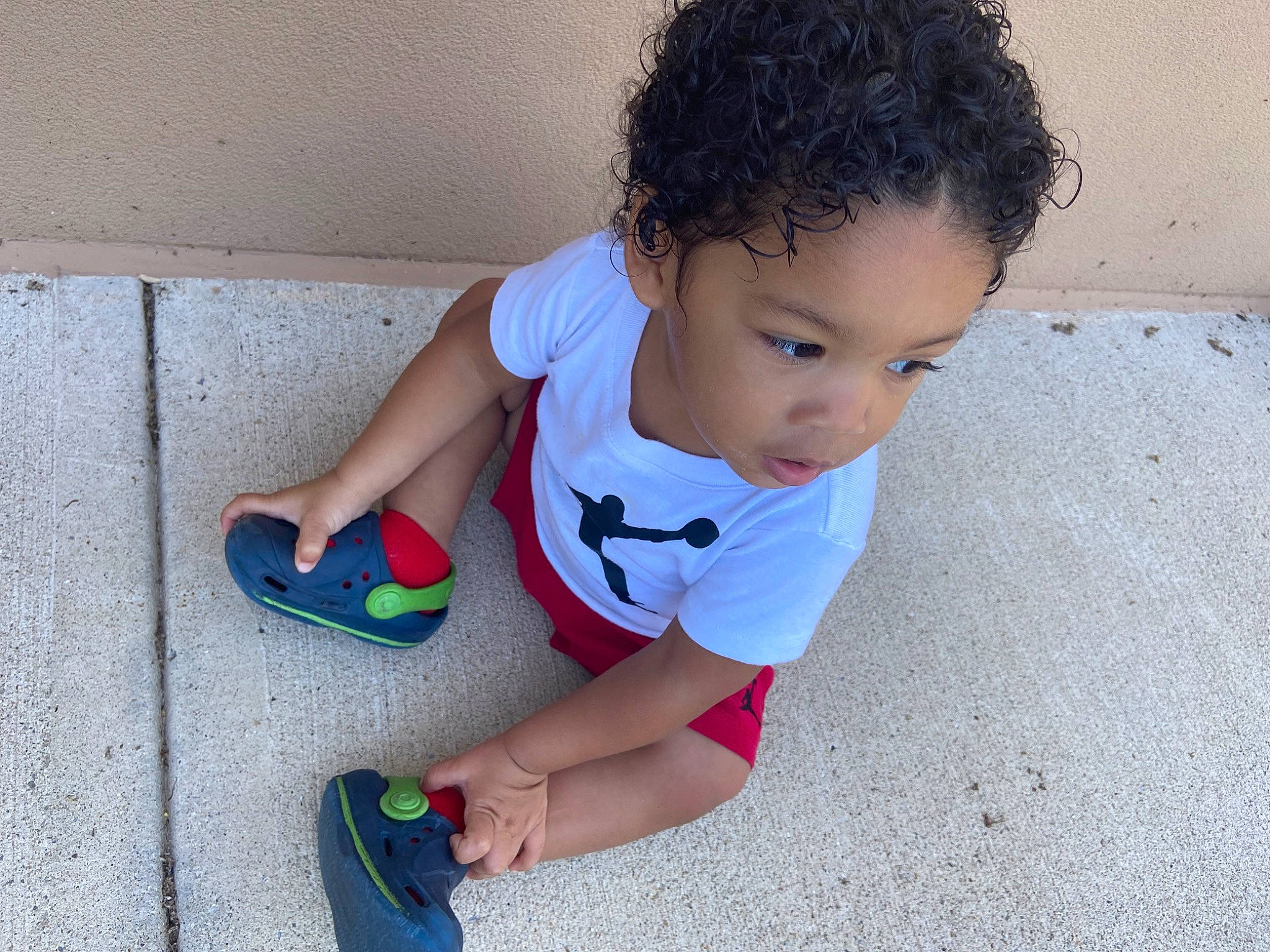 Jayden Jason Lewis joined the competition — help win amazing prizes! baby, baby_toddler_clothing, child, electric_blue, finger, flooring, foot, fun, happy, human_leg, joint, knee, leg, leisure, person, shorts, sock, t_shirt, thigh, toddler