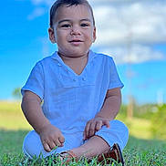 Daniel De Jesús joined the competition — help win amazing prizes! baby, blue_sky, casual, child, clouds, cute, daylight, footwear, grass, greenery, happy, nature, outdoor, portrait, sitting, smiling, sunny, toddler, white_clothing, youth