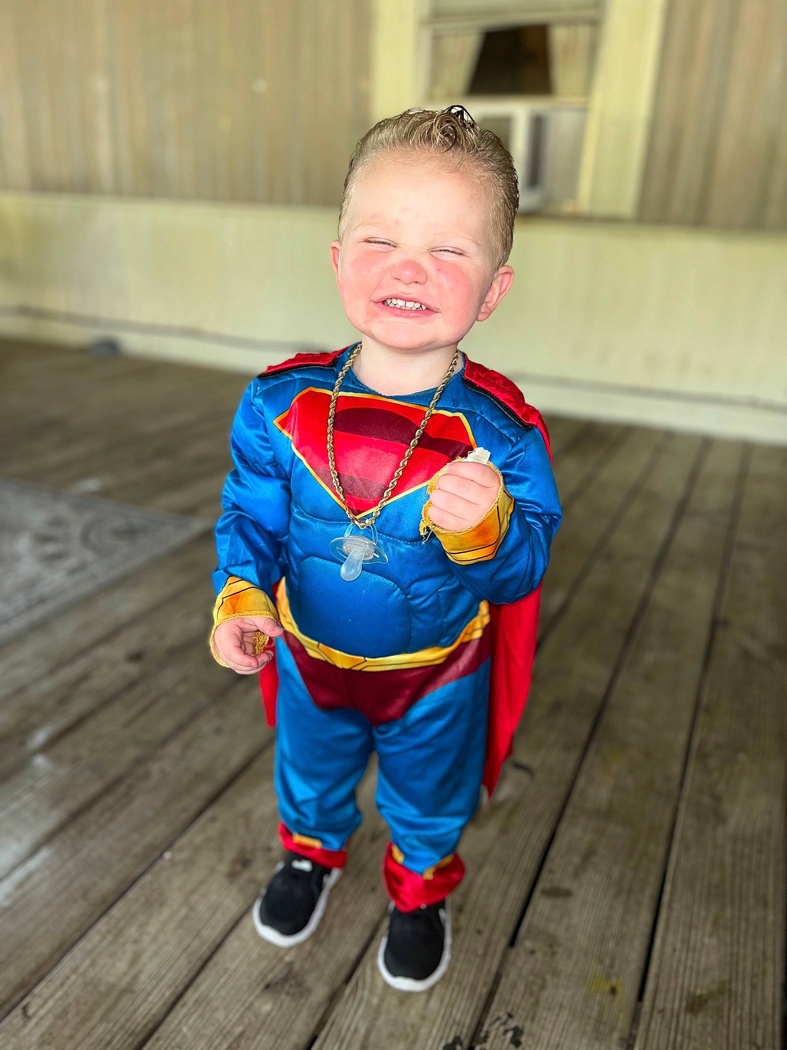 Josiah is registered to the contest to win money with this photo: baby, baby_toddler_clothing, child, electric_blue, eye, face, fictional_character, flooring, footwear, happy, head, leg, outerwear, pattern, person, personal_protective_equipment, sleeve, spider_man, t_shirt, toddler