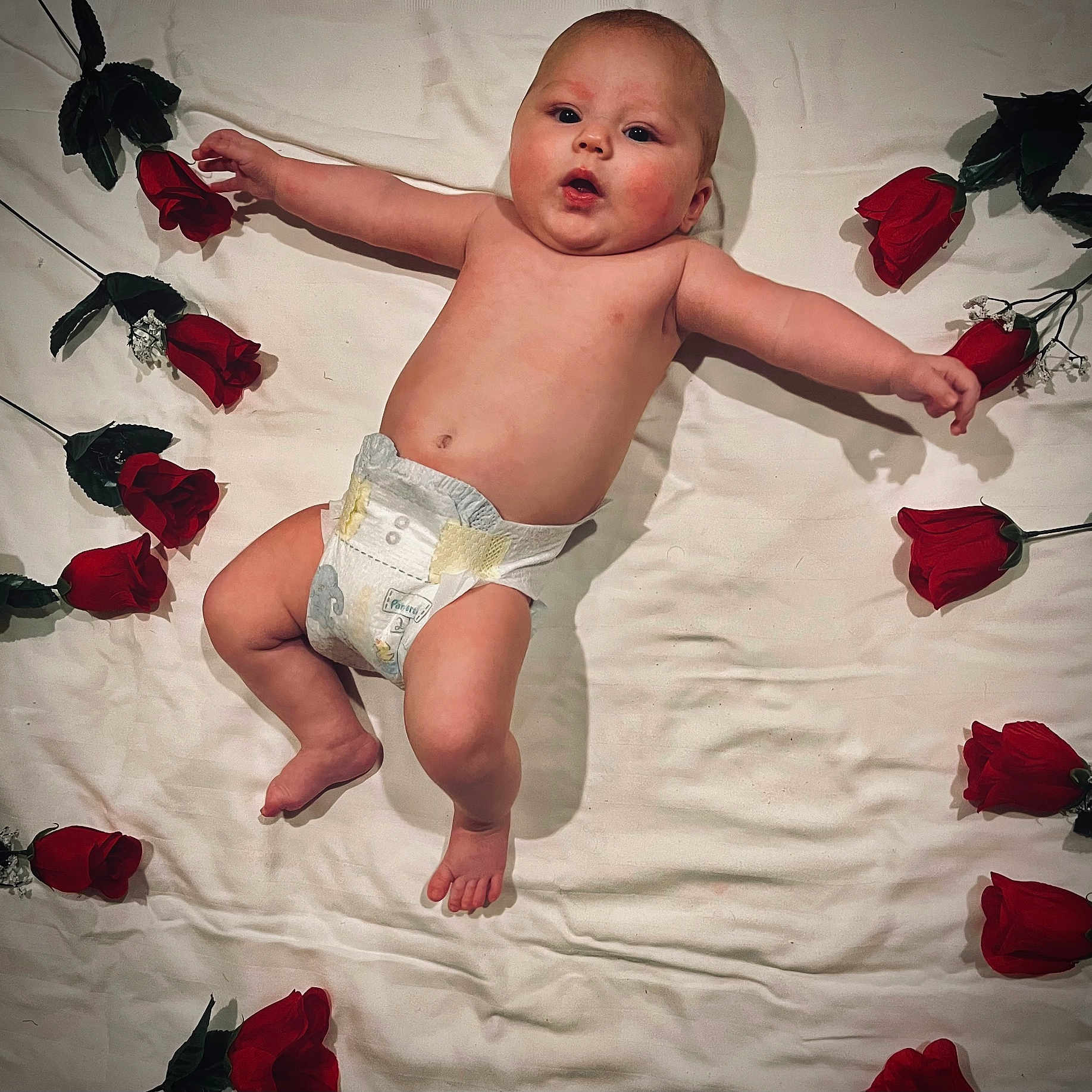 Johnny joined the competition — help win amazing prizes! baby, back, bodypart, diaper, face, finger, flower, flowerarrangement, flowerbouquet, hand, head, newborn, person, petal, photography, plant, portrait, rose, sitting, wrist