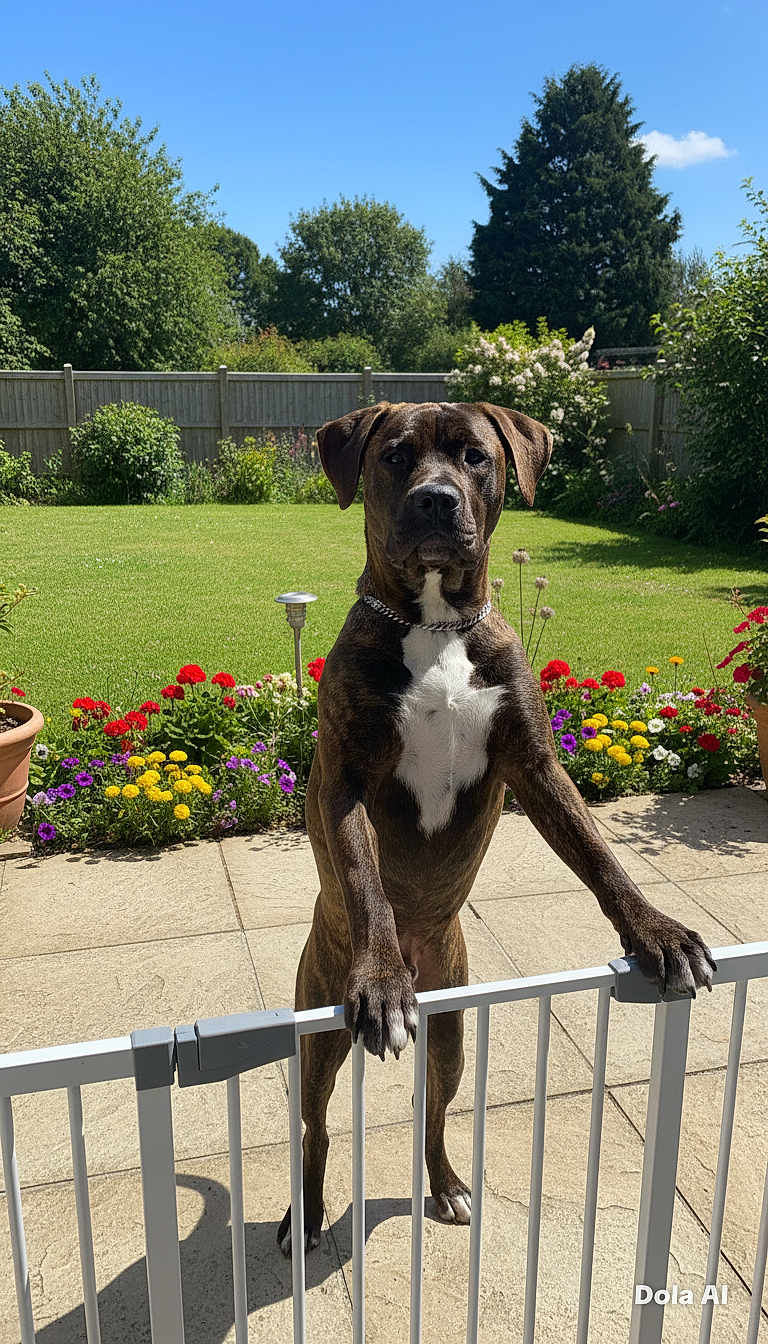 Basti is registered to the contest to win money with this photo: dog, brindle, garden, flowers, greenery, sunny, blue_sky, fence, gate, pavement, outdoor, pet, canine, collar, standing, paw, nature, summer, backyard, daylight
