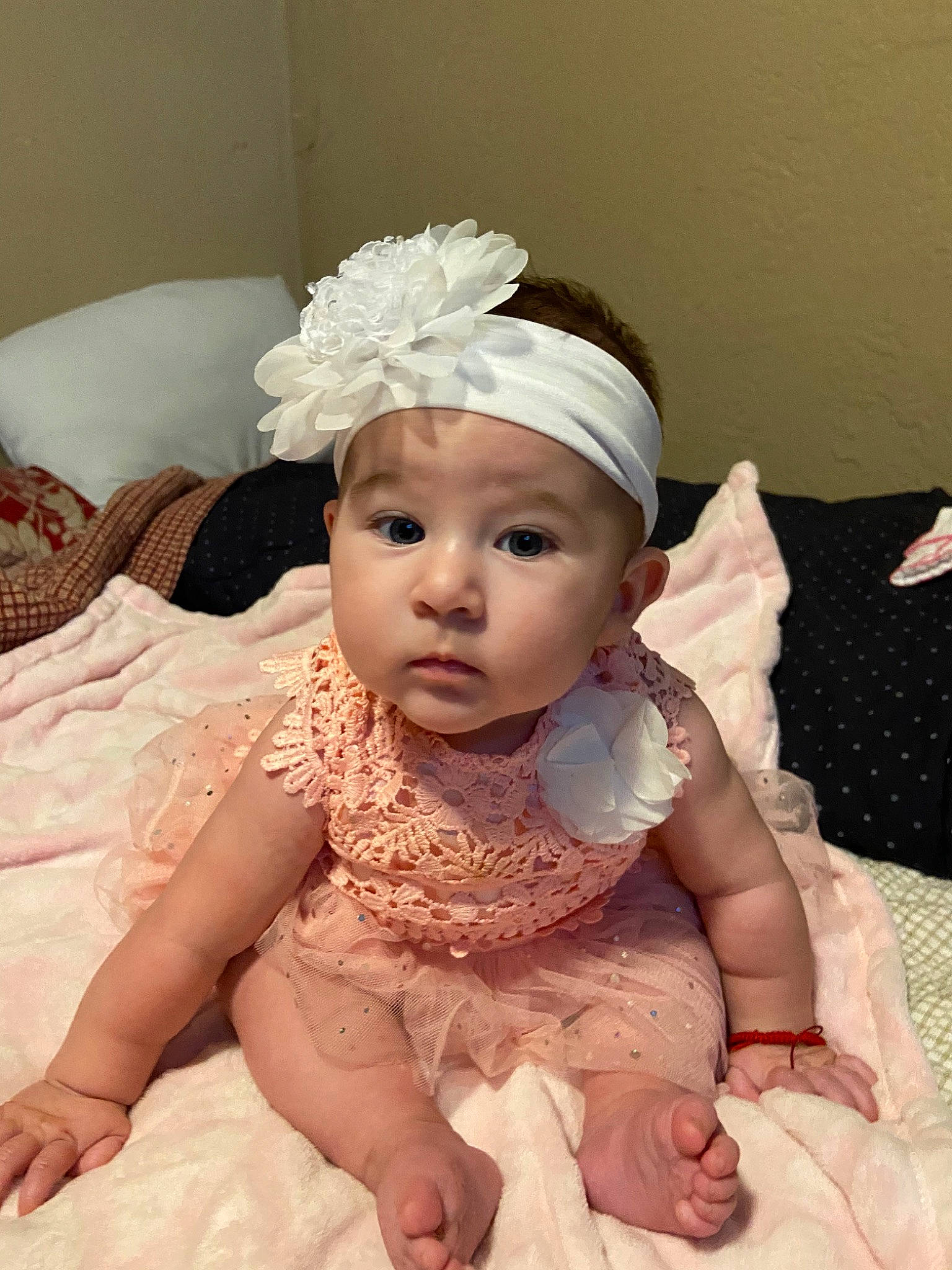 Estrella Kalani Rose is registered to the contest to win money with this photo: baby, cheek, child, fashion_accessory, hair_accessory, head, headband, headgear, headpiece, headwear, lace, person, toddler