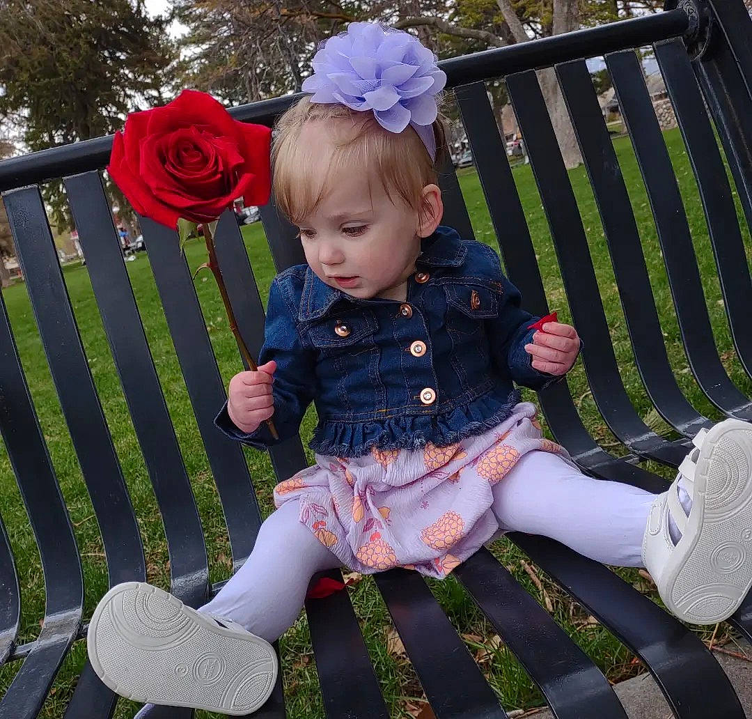 Jacklynn joined the competition — help win amazing prizes! baby_toddler_clothing, bench, blue, chair, dress, flower, grass, hat, lap, leg, outdoor_furniture, person, pink, plant, product, shoe, sleeve, textile, thigh, toddler
