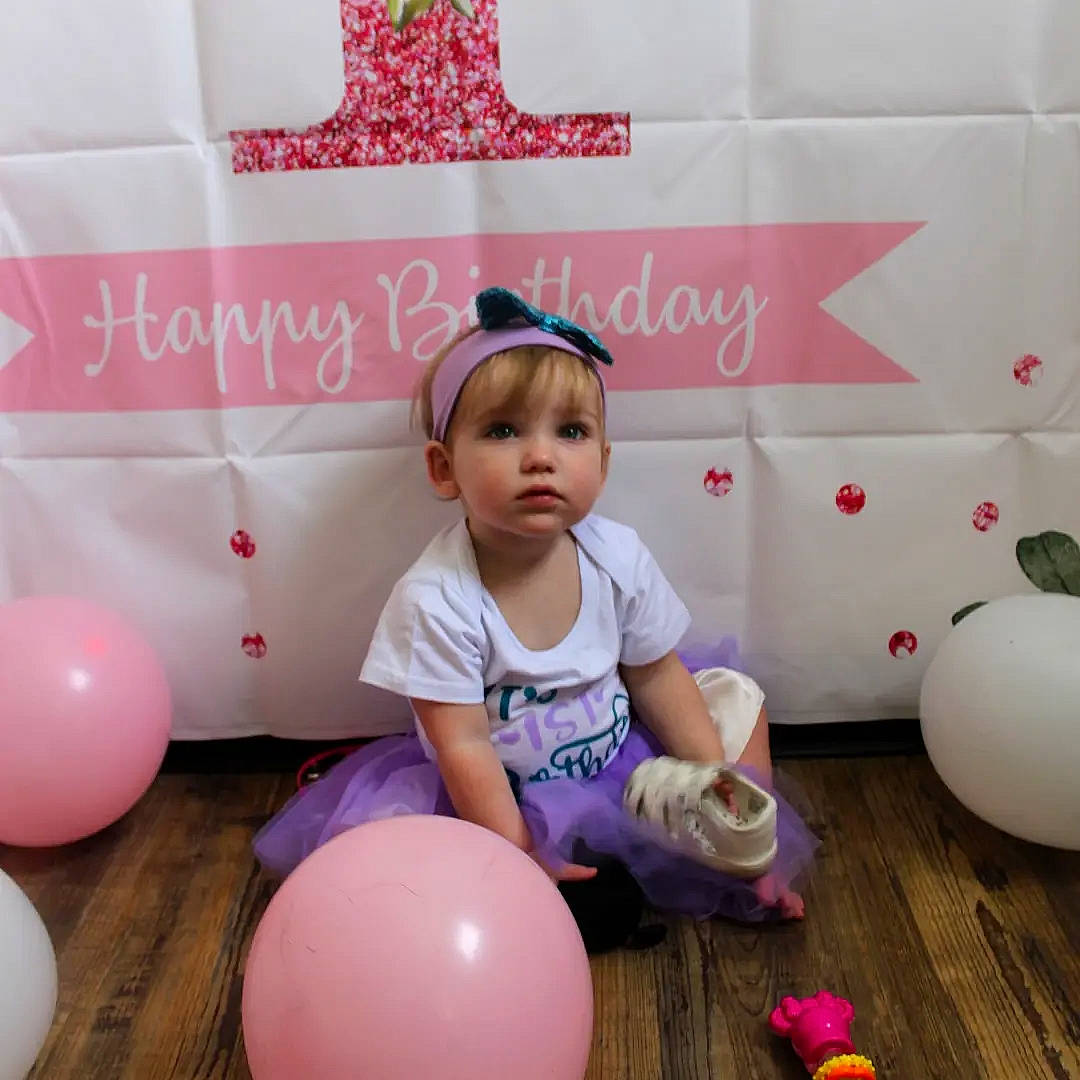 Jacklynn joined the competition — help win amazing prizes! baby, baby_toddler_clothing, balloon, child, event, flooring, font, fun, happy, leisure, light, lighting, magenta, material_property, party_supply, person, pink, product, thigh, toddler