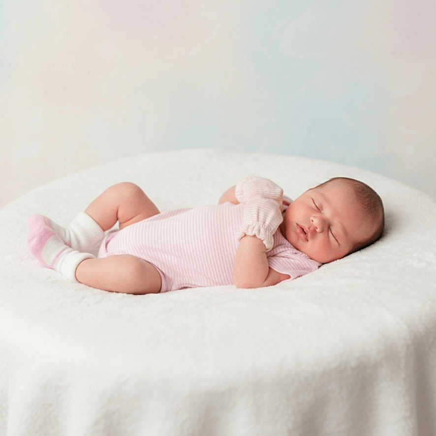 Vicky is registered to the contest to win money with this photo: adorable, baby, child, cozy, cute, human, indoors, infant, lying_down, newborn, peace, peaceful, pink_clothing, portrait, relaxed, resting, sleeping, small, soft_texture, white_blanket