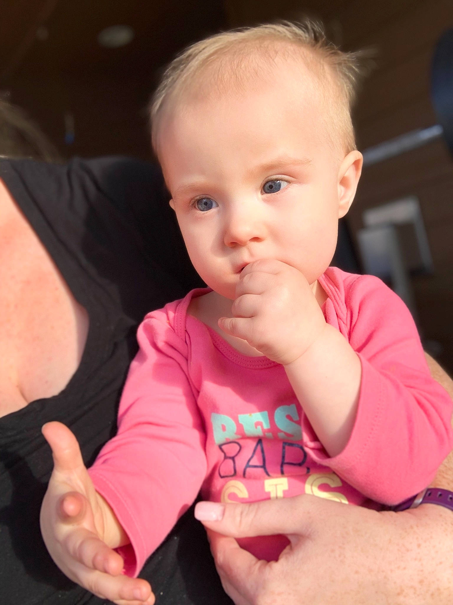 Mikayla joined the competition — help win amazing prizes! baby, cheek, child, face, finger, lip, nose, person, pink, sitting, skin, thumb, toddler