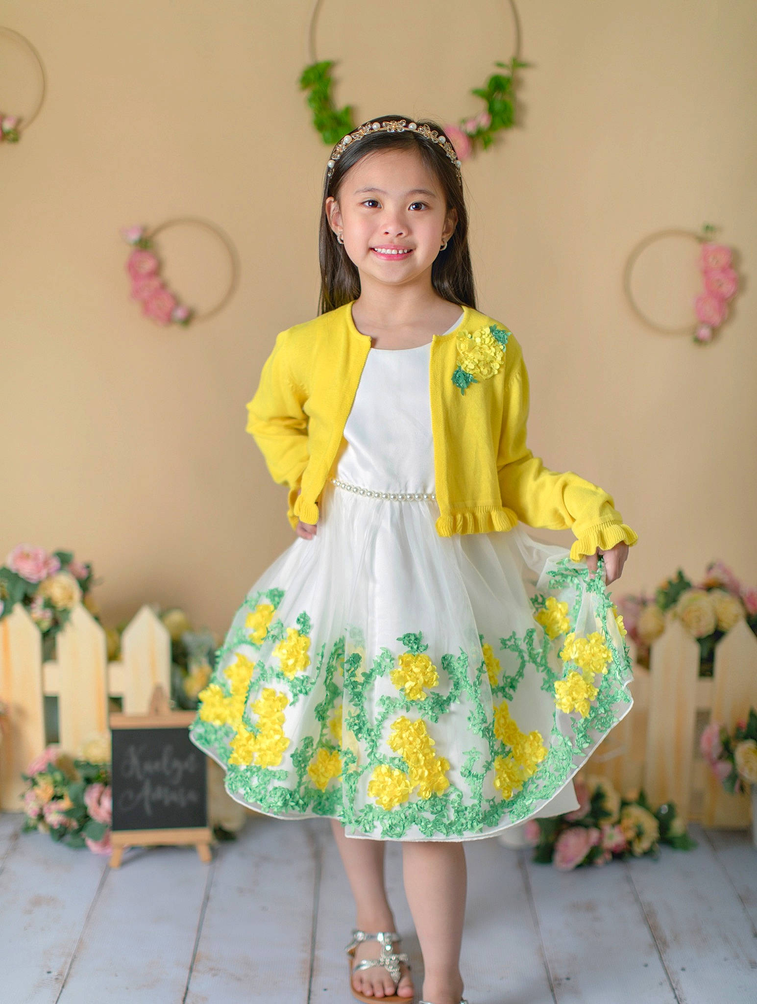 Kaelyn joined the competition — help win amazing prizes! baby_toddler_clothing, child, day_dress, dress, embellishment, event, fashion_design, formal_wear, green, happy, joy, one_piece_garment, pattern, person, pink, ruffle, sleeve, smile, toddler, waist