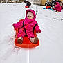child, toddler, snow, sled, winter_clothing, pink_snowsuit, hat, boots, outdoor, snow_play, toys, backyard, fence, snow_covered, play, winter, cold_weather, children_playing, garden, fun